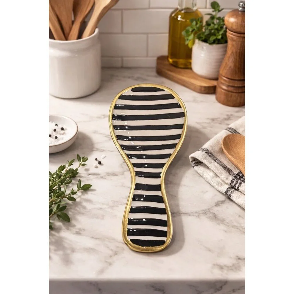New Modern Black & Whte Stripped W/ Gold Trim Kitchen Spoon Rest Decor
